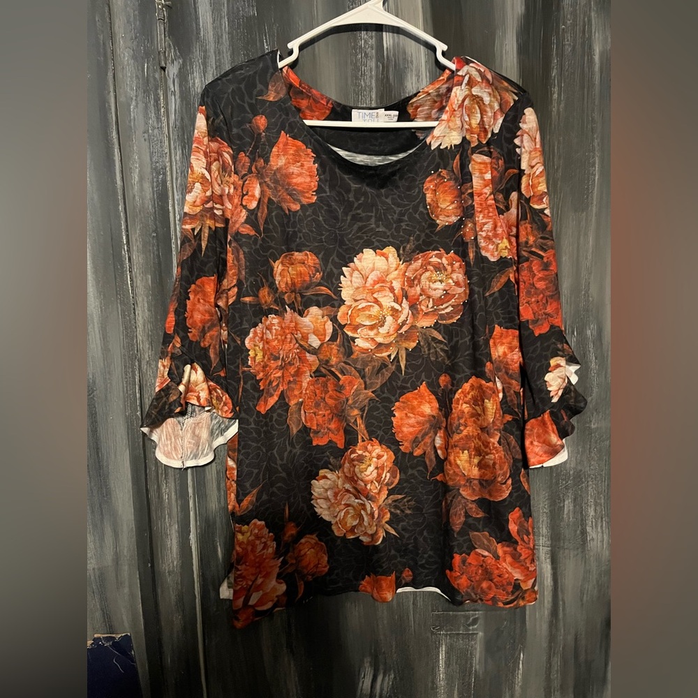 Time and Tru Black and Orange Floral Blouse - Picture 1 of 5